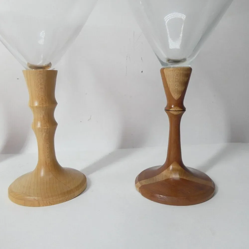 3 Turned Wood Stem Martini Glasses Signed Handmade Wooden